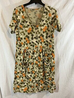 DIP Women’s Medium Green Orange Print Midi Organic Cotton Dress